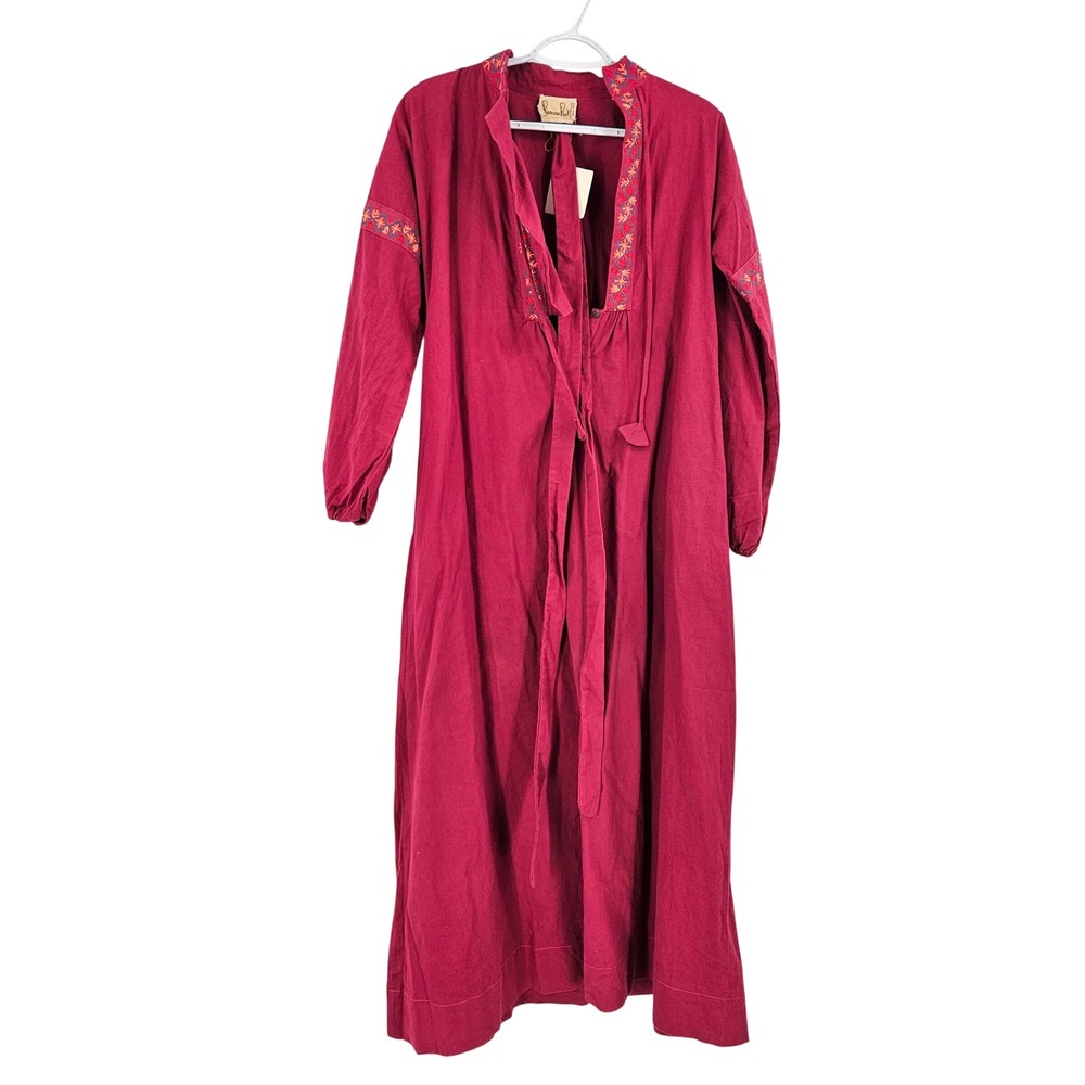 Vintage 70s Ramona Rull Dress Magenta Cotton Embroidered Tassel Maxi Boho NWT XS